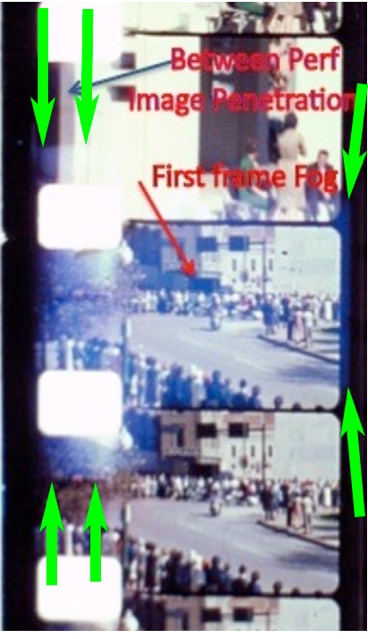 Figure 24. The fog in the frame as indicated by the green arrows does not exactly match the frame image and is thus consistent with a slight light leak (point 2 above). (Source: Zavada, page 21[L3]; g...