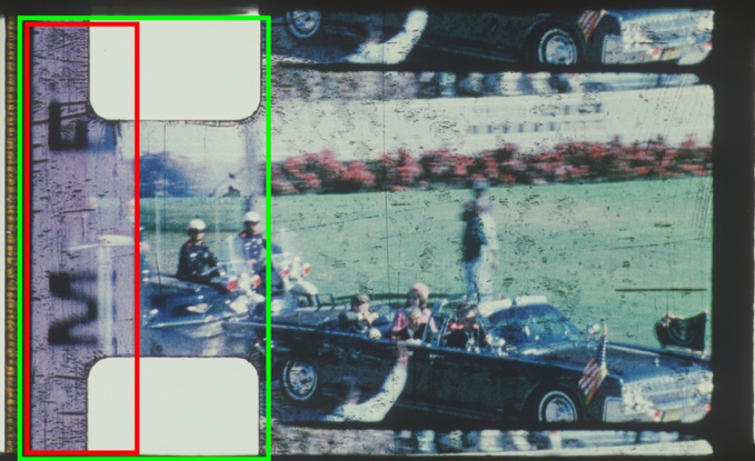 Figure 25. The perforation area is shown in the green box. The branding area is shown in the red box. (Source: Zavada 4K Scan of Frame 236; annotations added)