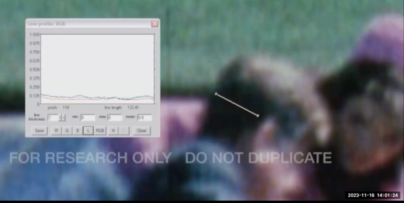 Figure 12. Screen capture from a lecture video showing a line-profile graph for Frame 308 with noticeably loose RGB coupling (Source:[L11] 2023 CAPA)
