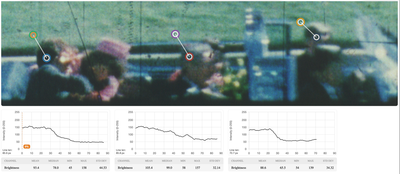 Figure 28. Luminance graphs from a cropped version of the 4K scan of Frame 317, showing that the Greer graph is more similar to the JFK graph than to the Connally graph. The order of the graphs is JFK...