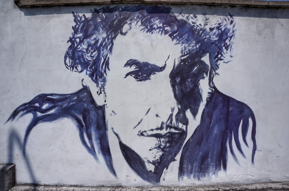 A Mural of Bob Dylan, the Singer of "Murder Most Foul" 
