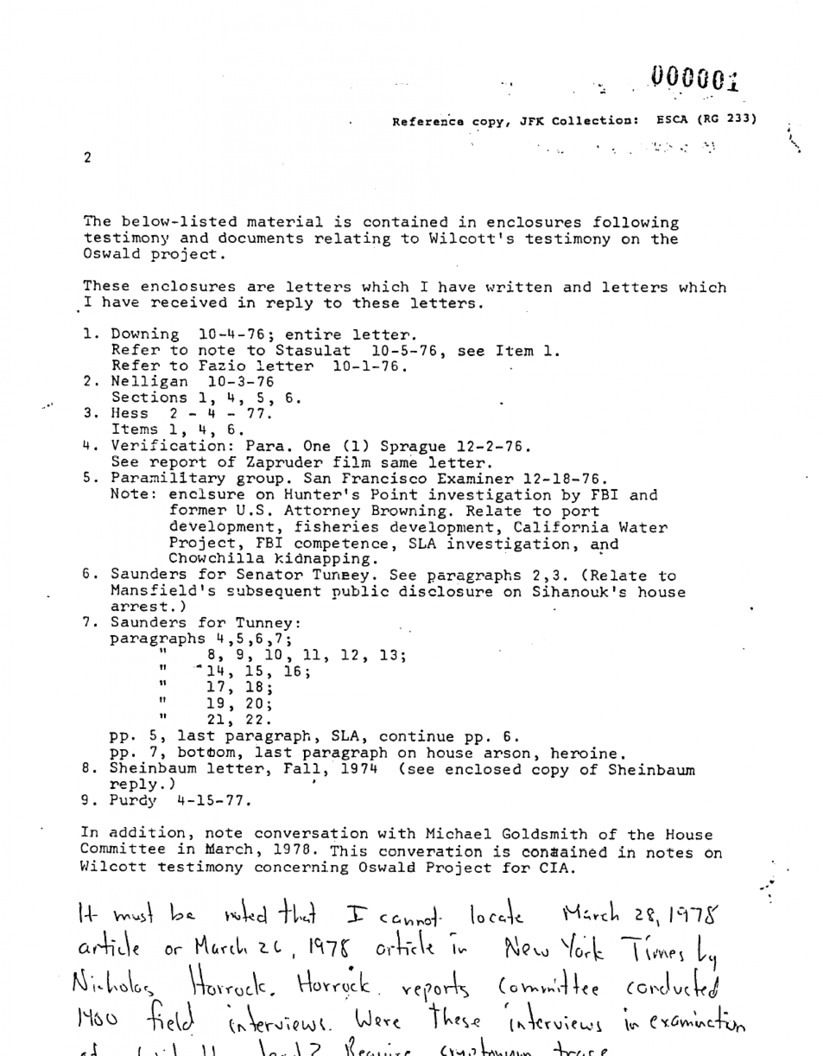 The Wilcott Affidavit and Interrogation by the HSCA